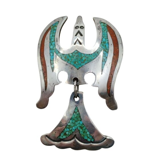 Signed Navajo Chip Inlay Thunderbird Pin Turquoise Coral Delvin Nelson - Picture 1 of 6